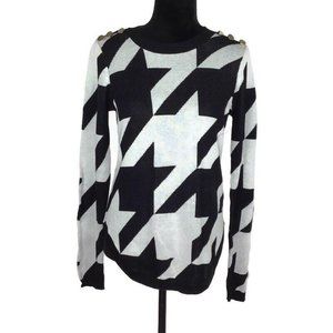 Belle Belldini NEW Black White Houndstooth w/ Gold Button Sweater Crewneck Sz M